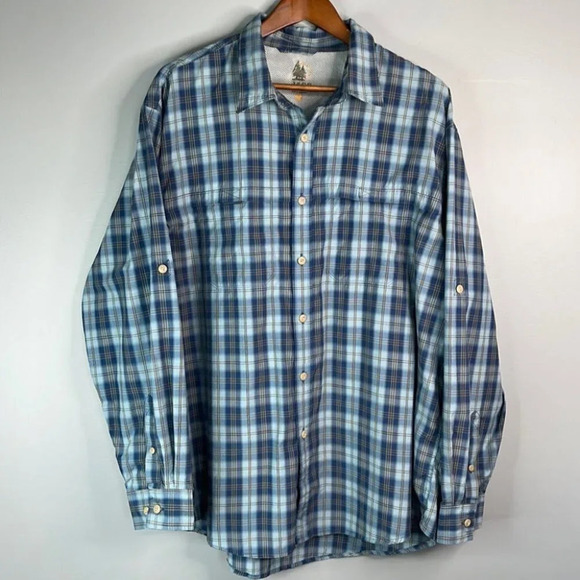 GH BASS Mens Plaid Utility Shirt Blue Adjustable Long Sleeve Size XL - Picture 11 of 11